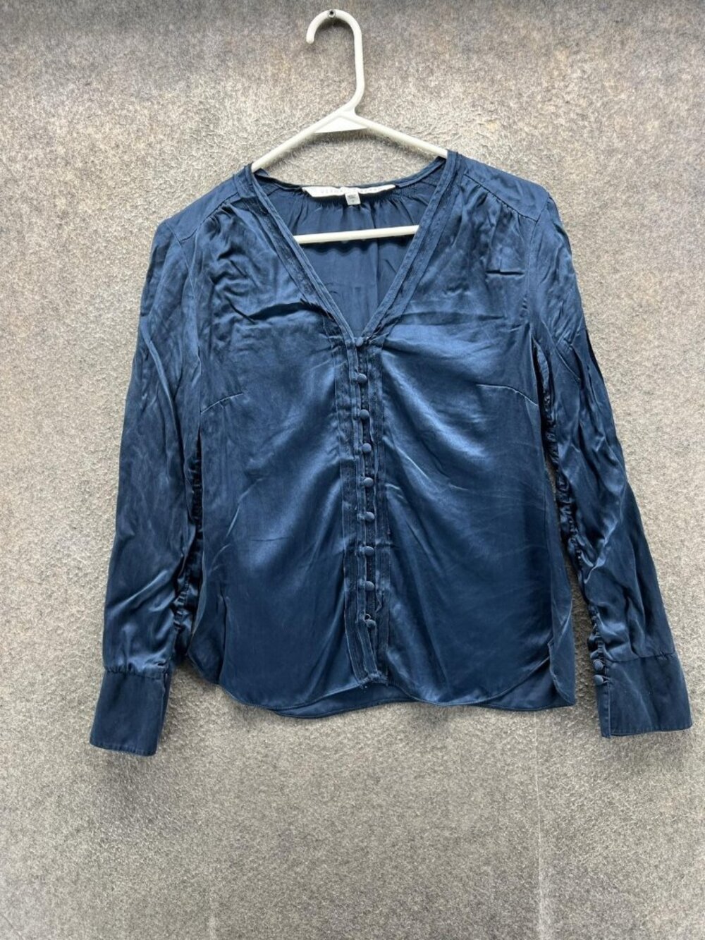 Veronica Beard Blouse Women 0 Blue Silk Satin V Neck Button Long Sleeve Business